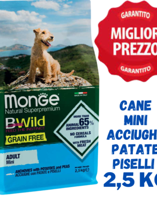 Monge BWild All Breeds Mini Adult Grain Free Acciughe con Patate e Piselli - Crocchette Cane - 2,5 Kg