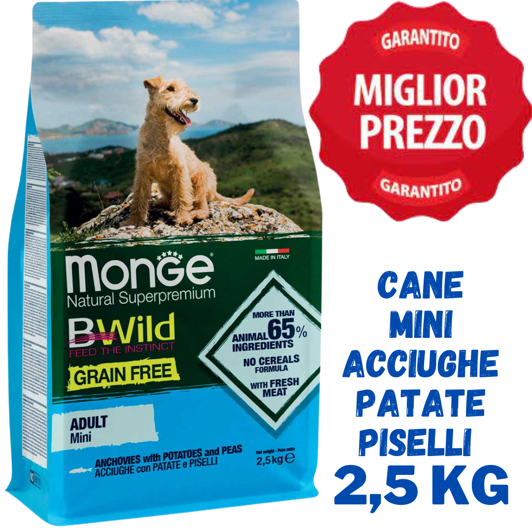 Monge BWild All Breeds Mini Adult Grain Free Acciughe con Patate e Piselli - Crocchette Cane - 2,5 Kg
