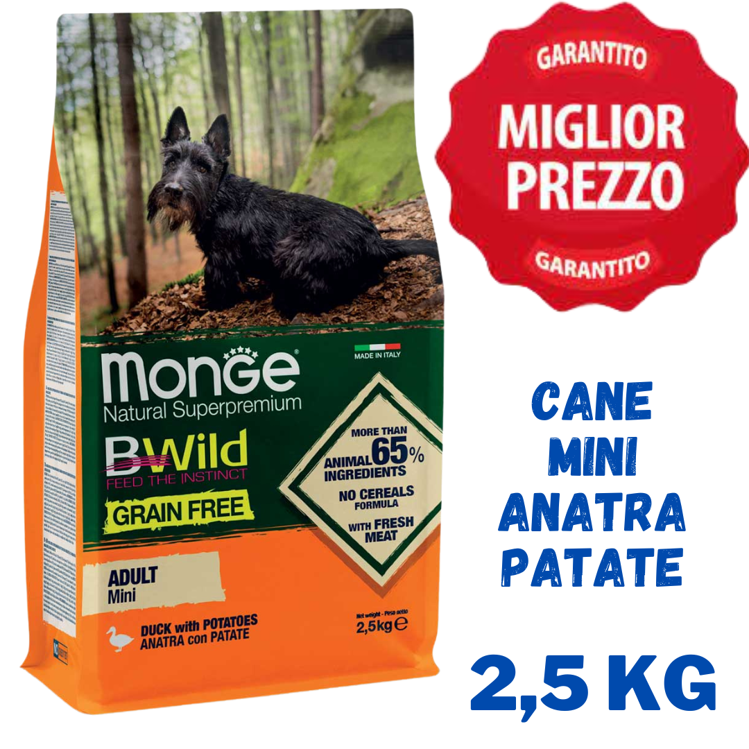 Monge BWild Grain Free Mini Adult Anatra e Patate - Crocchette Cane - 2,5Kg