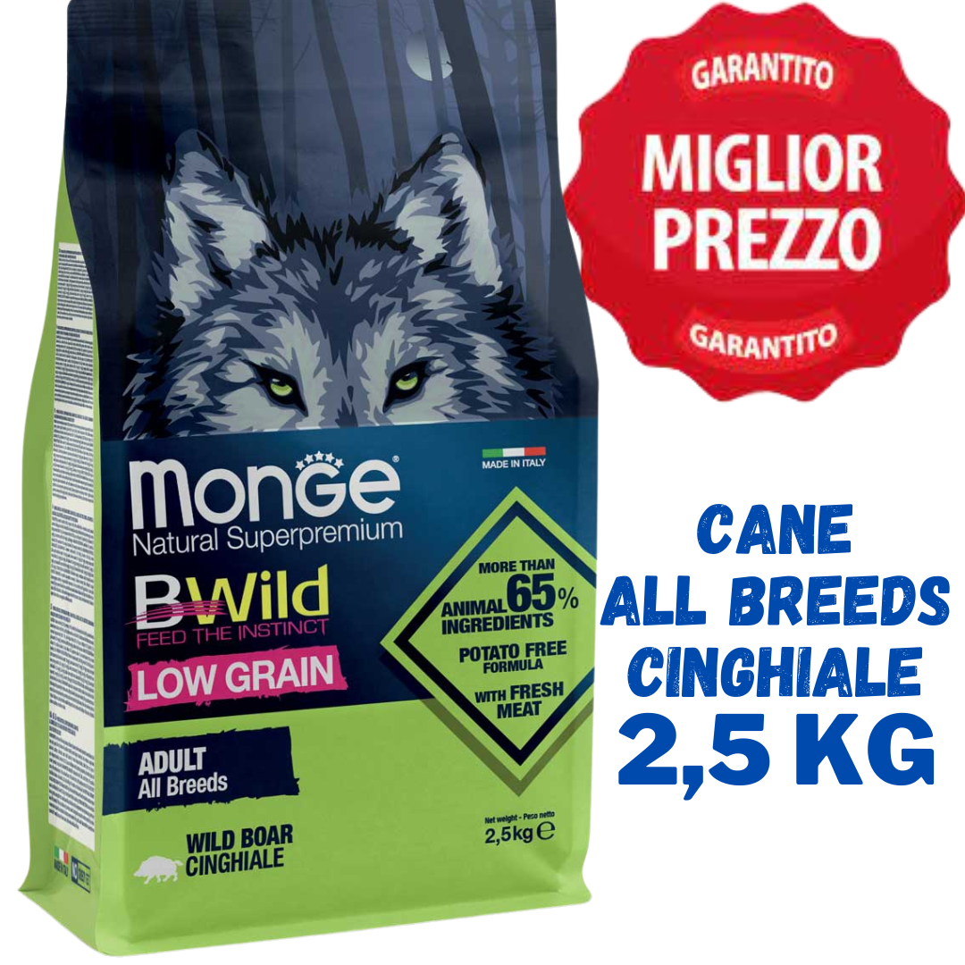 Monge BWild All Breeds Adult Low Grain Cinghiale Crocchette Cane - 2,5 Kg - 12 Kg