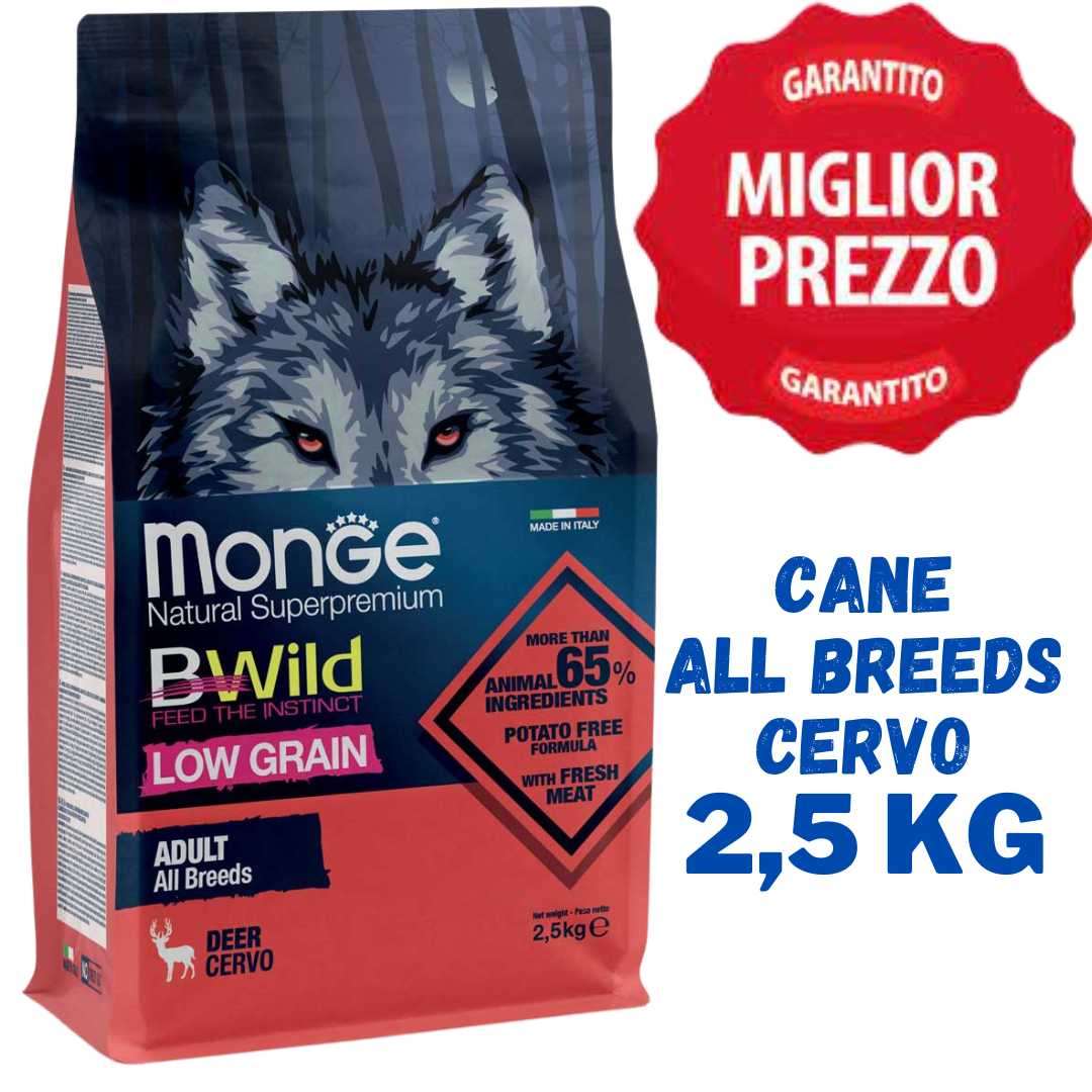 Monge BWild All Breeds Adult Low Grain Cervo - Crocchette Cane - 2,5 Kg 12 Kg